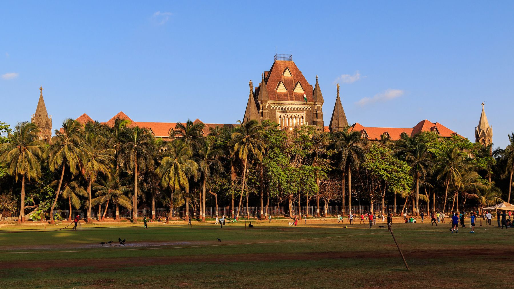 The Bombay High Court building seen across the Oval Maidan, behind a row of palm trees